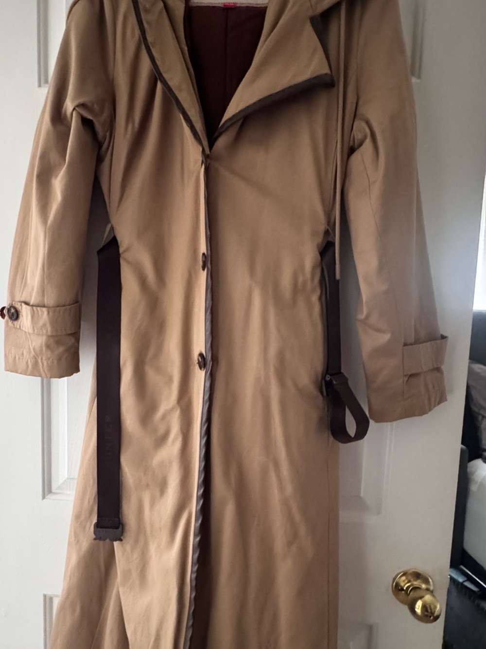 Hunter Women Tan Trench Coat with Dark Brown Trim